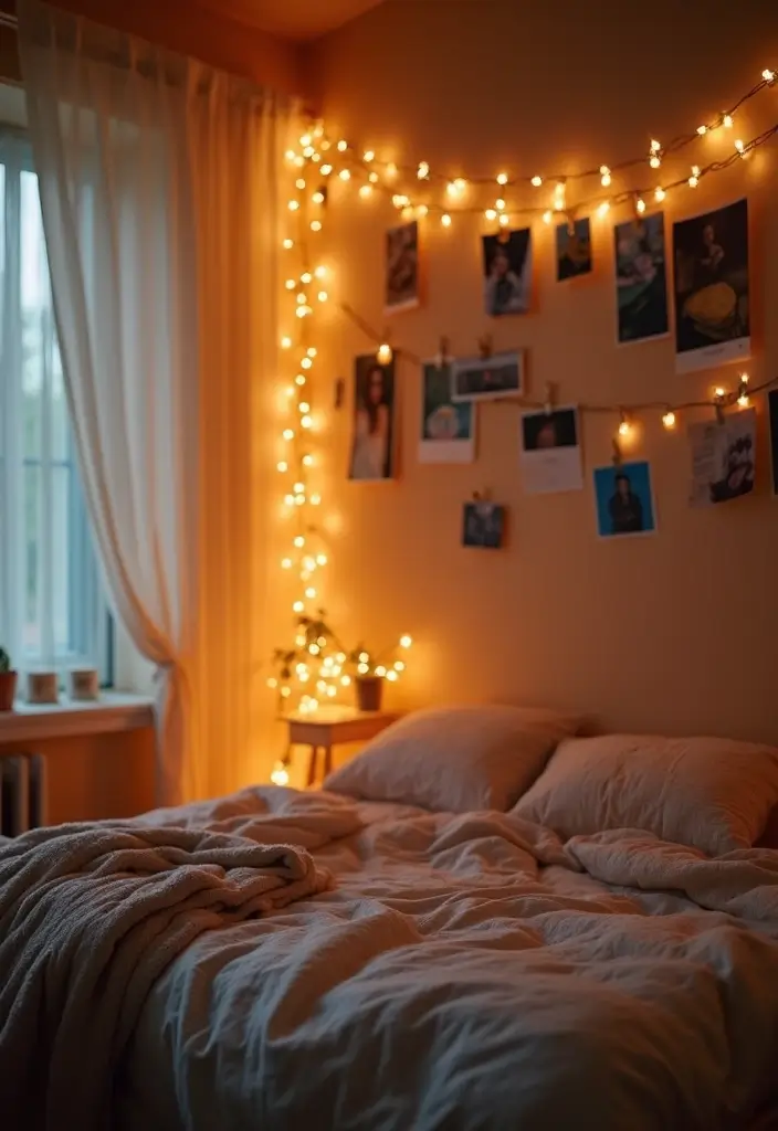 25 Bedroom Picture Wall Ideas That Tell Your Story - 6. String Lights and Photos