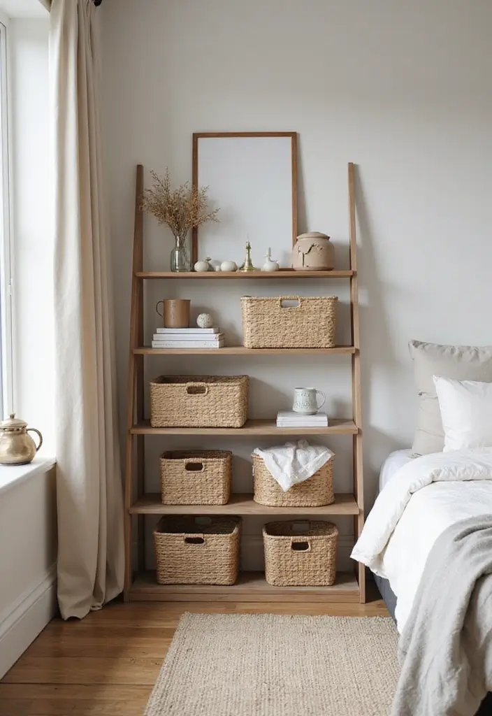 25 Bedroom Wall Shelf Ideas That Are Functional and Chic - 11. Ladder-Style Shelf Stand