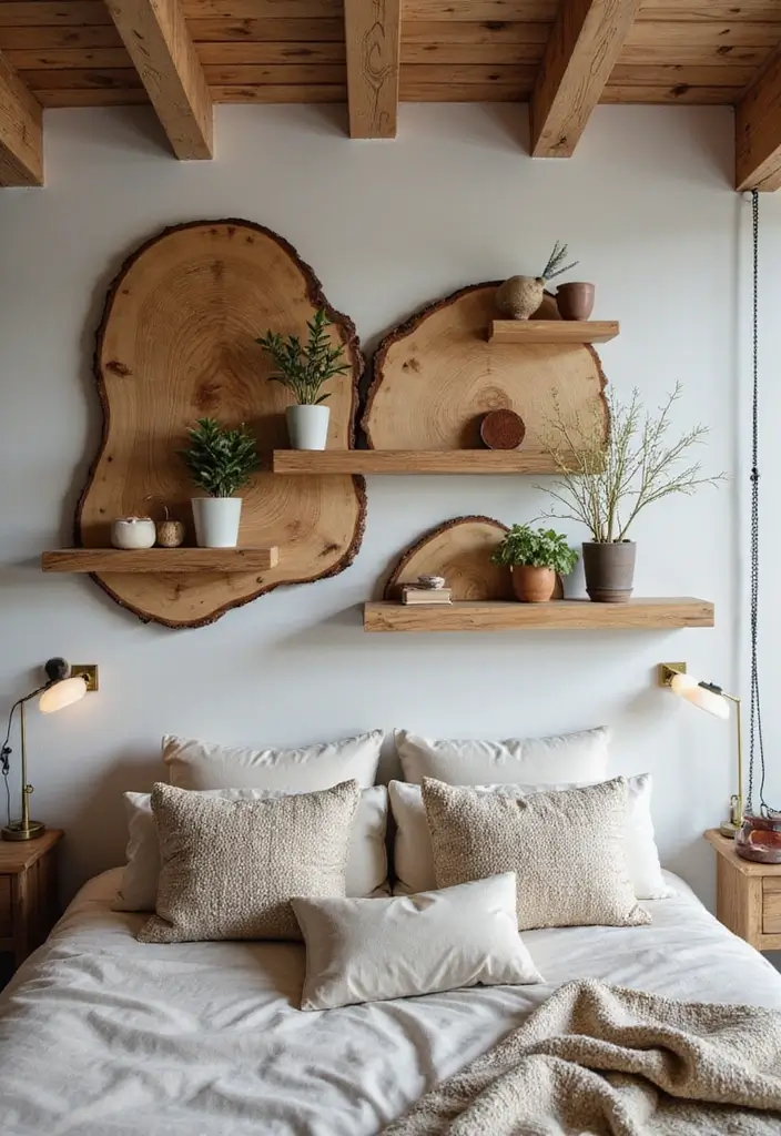 25 Bedroom Wall Shelf Ideas That Are Functional and Chic - 17. Natural Wood Slab Shelves