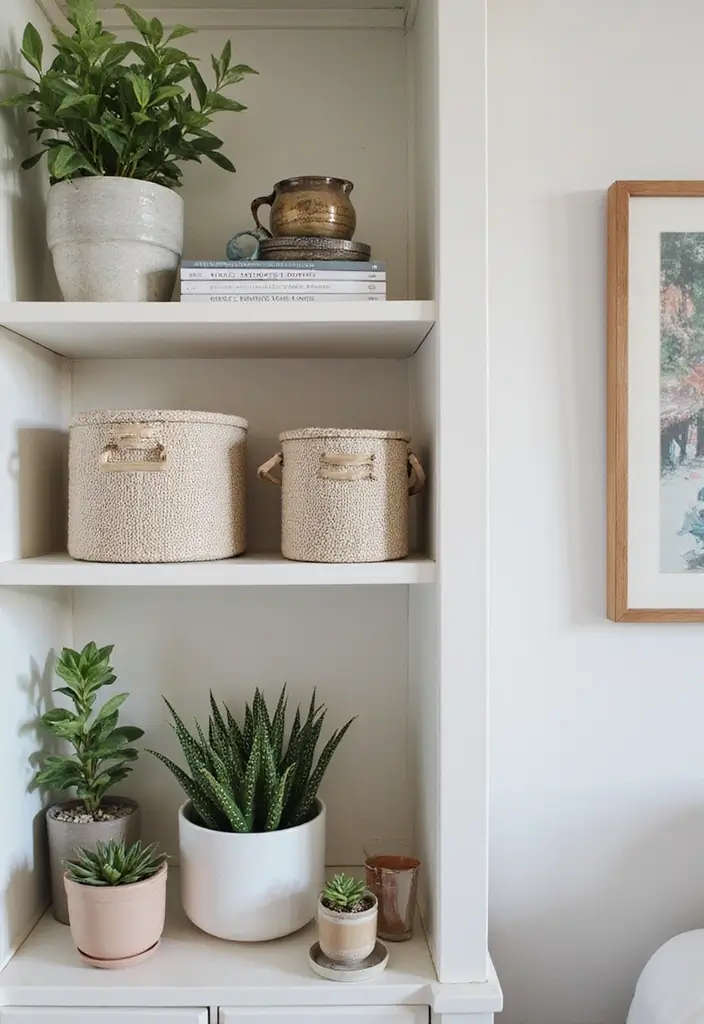 25 Bedroom Wall Shelf Ideas That Are Functional and Chic - 21. Decorative Storage Boxes on Shelves