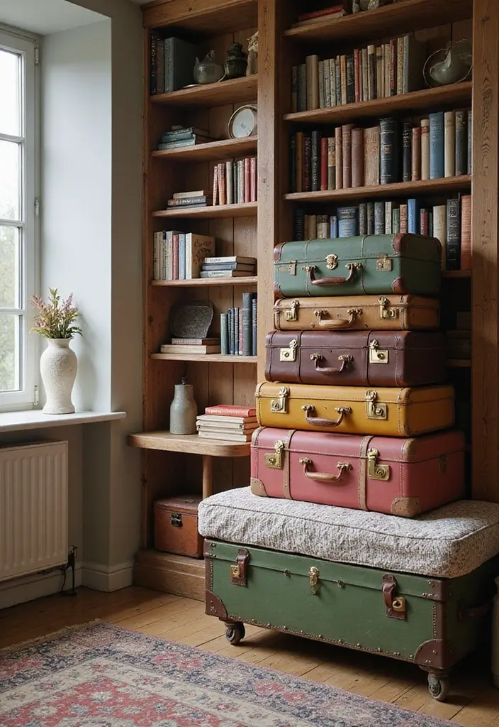 25 Bedroom Wall Shelf Ideas That Are Functional and Chic - 5. Vintage Suitcase Shelves