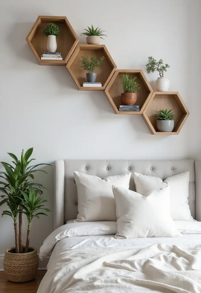 25 Bedroom Wall Shelf Ideas That Are Functional and Chic - 7. Hexagonal Shelving Units