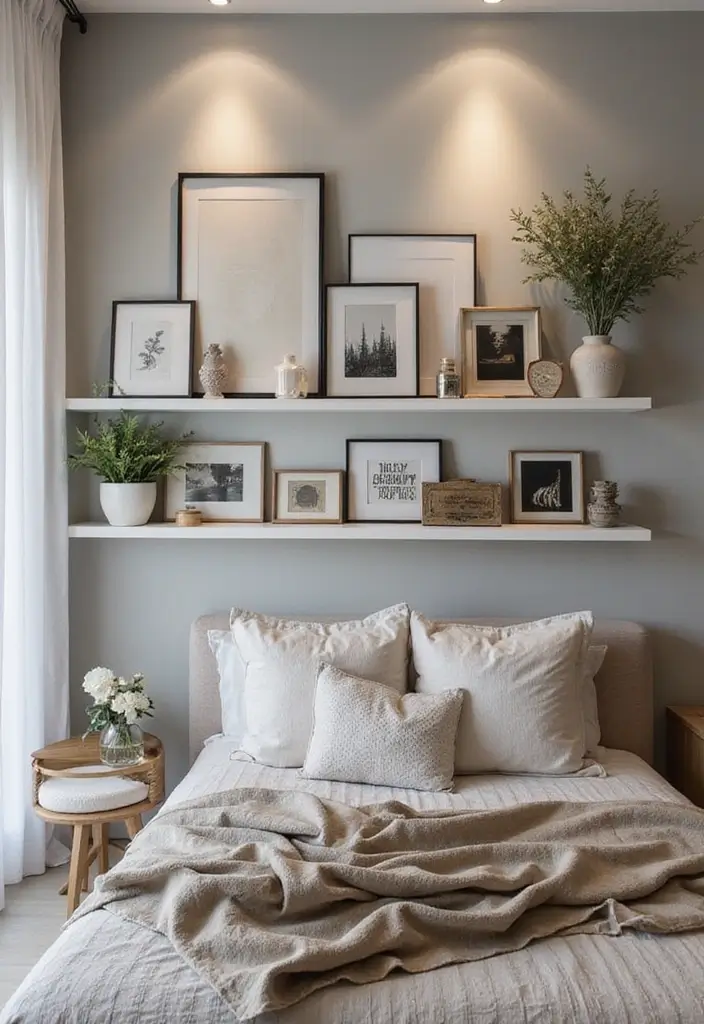 25 Bedroom Wall Shelf Ideas That Are Functional and Chic - 9. Floating Shelf Art Displays