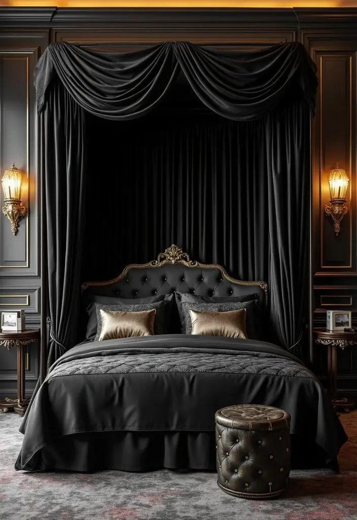 25 Black Canopy Bedroom Ideas That Add Drama and Elegance - 10. Art Deco Glam