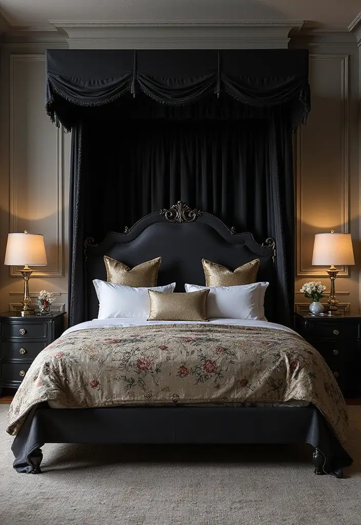 25 Black Canopy Bedroom Ideas That Add Drama and Elegance - 15. Luxurious Linens