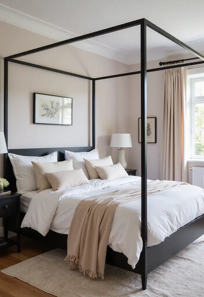 25 Black Canopy Bedroom Ideas That Add Drama and Elegance - 19. Soft Pastel Accents