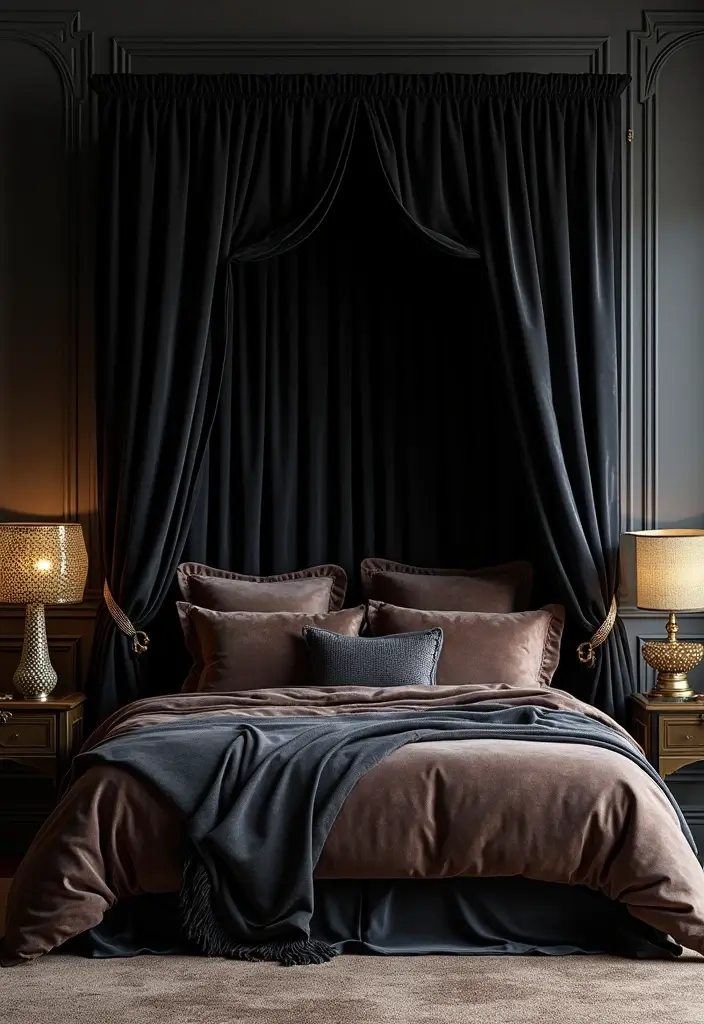 25 Black Canopy Bedroom Ideas That Add Drama and Elegance - 2. Glamorous Velvet Canopy