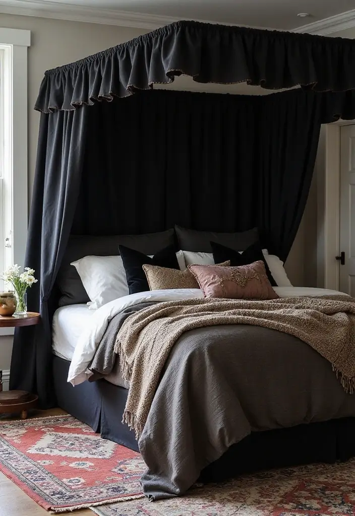 25 Black Canopy Bedroom Ideas That Add Drama and Elegance - 20. Layered Textures