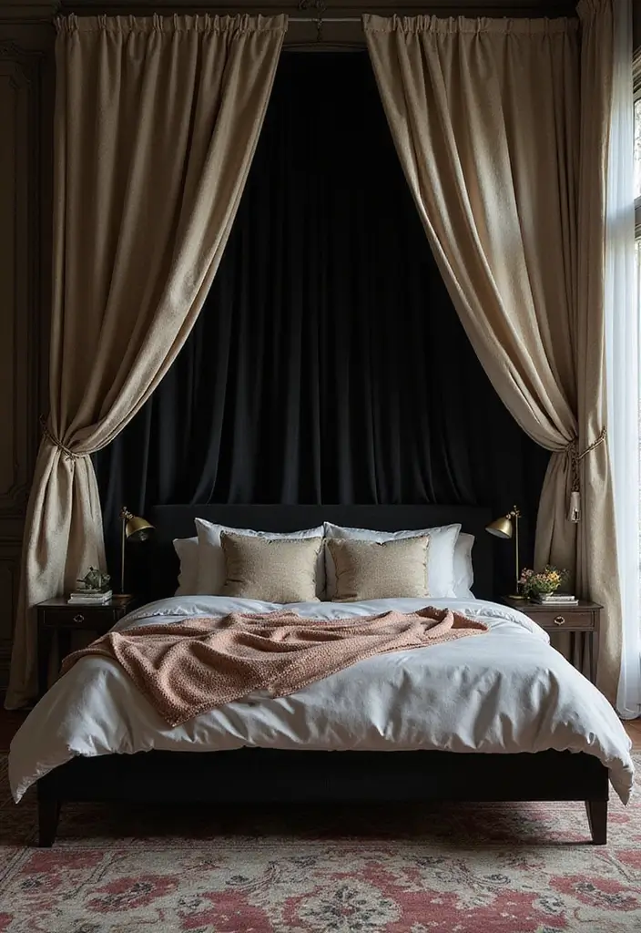 25 Black Canopy Bedroom Ideas That Add Drama and Elegance - 21. Luxurious Curtains