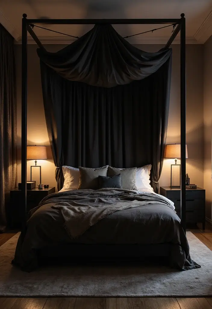 25 Black Canopy Bedroom Ideas That Add Drama and Elegance - 23. Layered Lighting