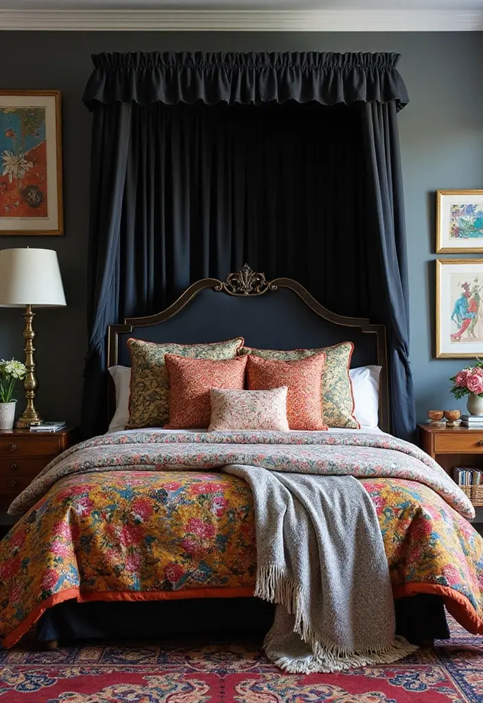 25 Black Canopy Bedroom Ideas That Add Drama and Elegance - 24. Mix of Patterns