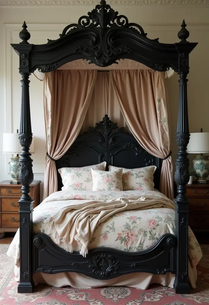 25 Black Canopy Bedroom Ideas That Add Drama and Elegance - 5. Vintage Elegance