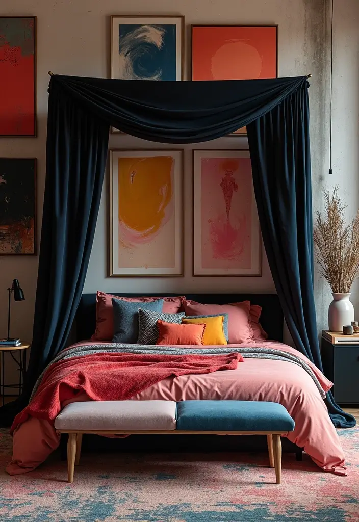 25 Black Canopy Bedroom Ideas That Add Drama and Elegance - 6. Contemporary Art-Inspired