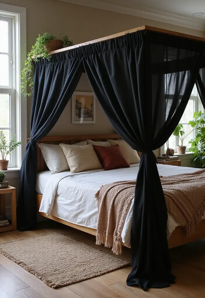 25 Black Canopy Bedroom Ideas That Add Drama and Elegance - 7. Earthy Bohemian Canopy