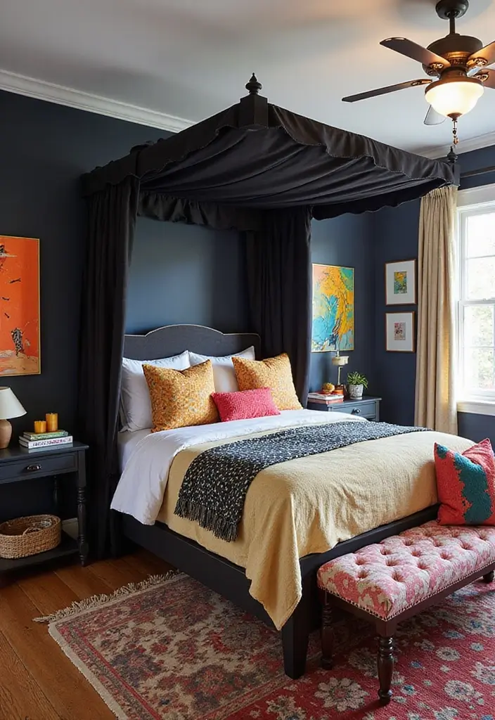 25 Black Canopy Bedroom Ideas That Add Drama and Elegance - 9. Playful Color Pops