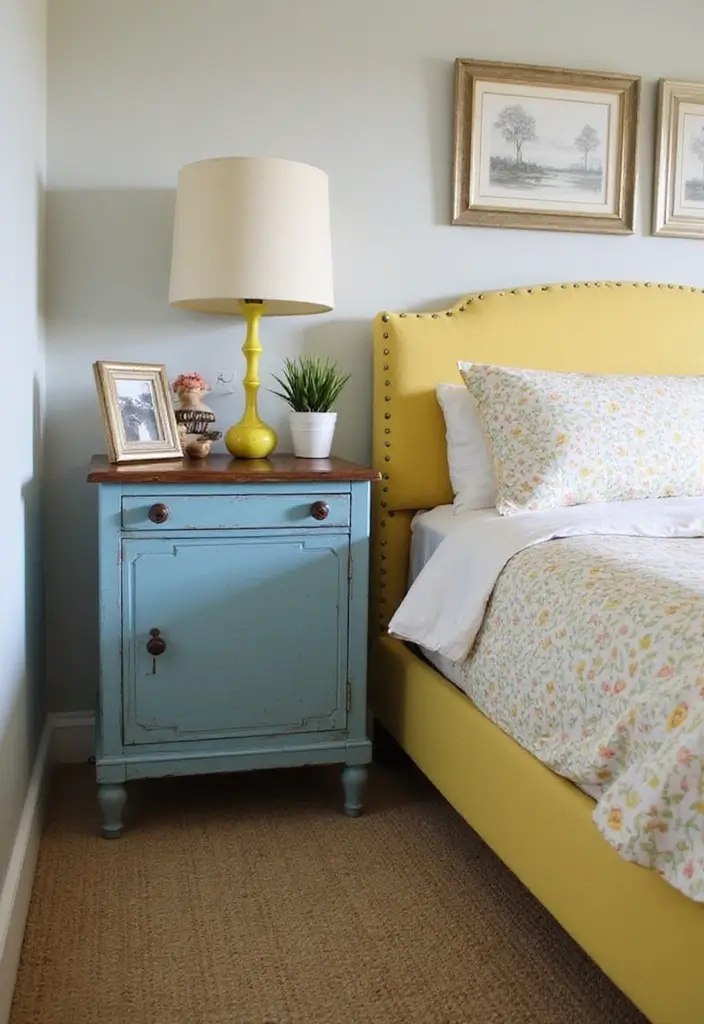 25 Blue and Yellow Bedroom Ideas That Brighten Any Space - 10. Vintage-Inspired Furniture