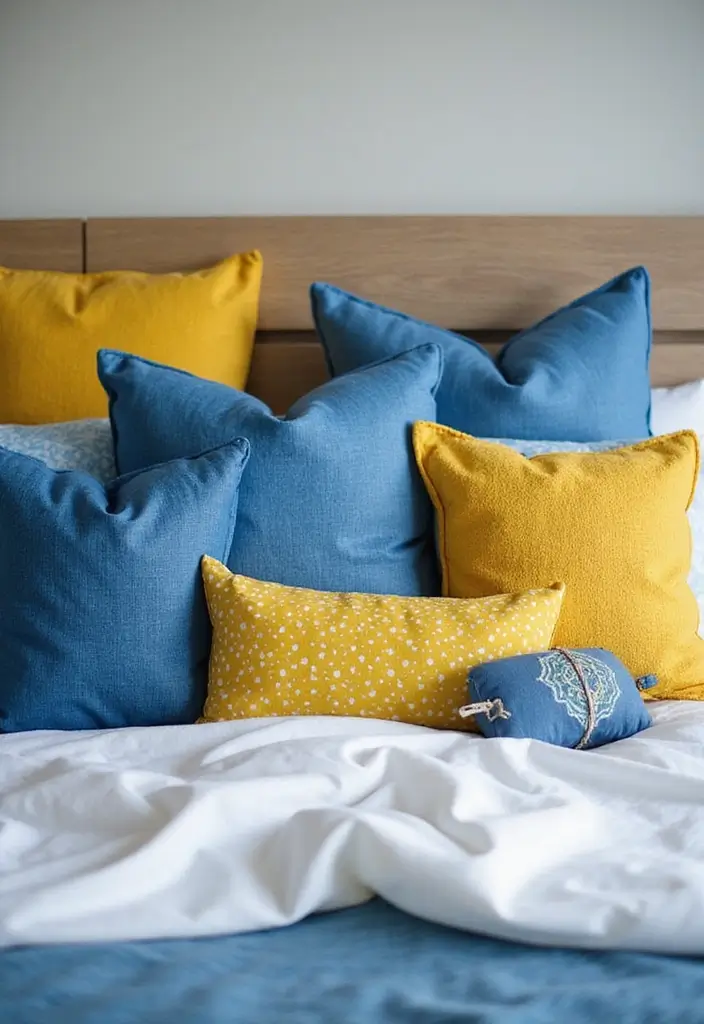 25 Blue and Yellow Bedroom Ideas That Brighten Any Space - 11. Layered Pillows