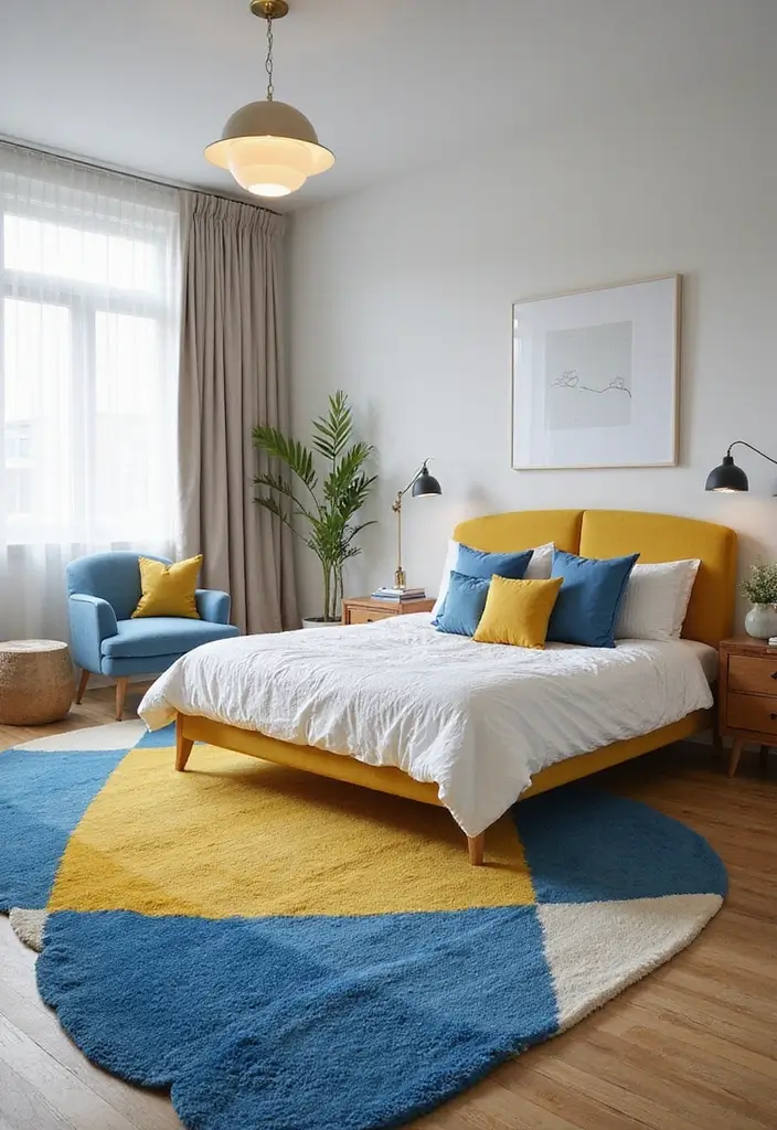 25 Blue and Yellow Bedroom Ideas That Brighten Any Space - 12. Statement Rugs
