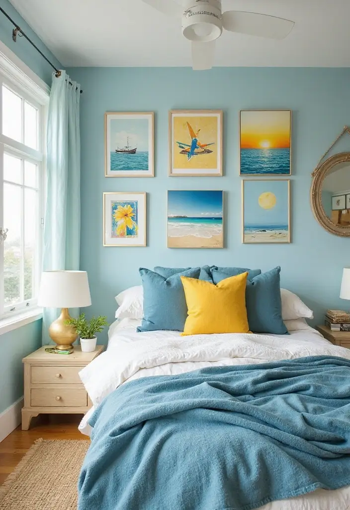 25 Blue and Yellow Bedroom Ideas That Brighten Any Space - 13. Coastal-Inspired Wall Art