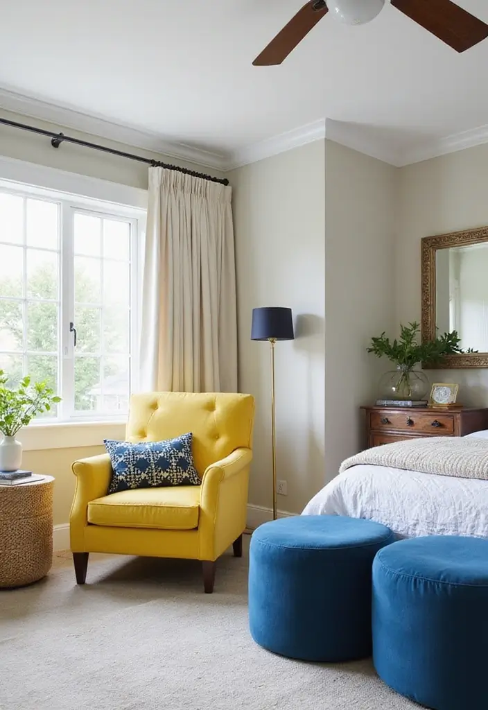25 Blue and Yellow Bedroom Ideas That Brighten Any Space - 14. Accent Furniture