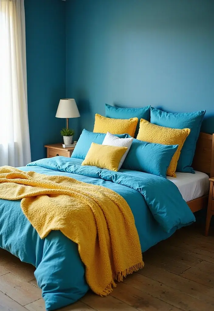 25 Blue and Yellow Bedroom Ideas That Brighten Any Space - 18. Bright Bedding