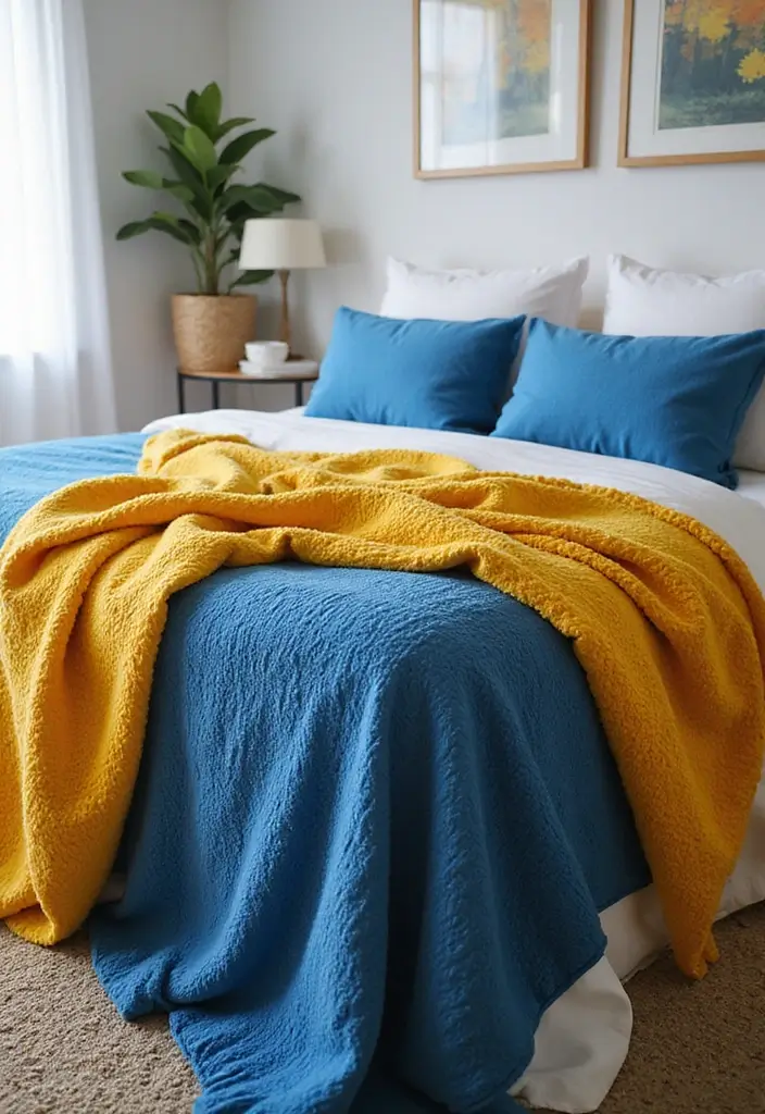 25 Blue and Yellow Bedroom Ideas That Brighten Any Space - 20. Throw Blankets