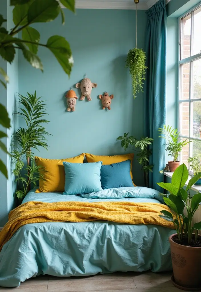 25 Blue and Yellow Bedroom Ideas That Brighten Any Space - 22. Incorporating Greenery