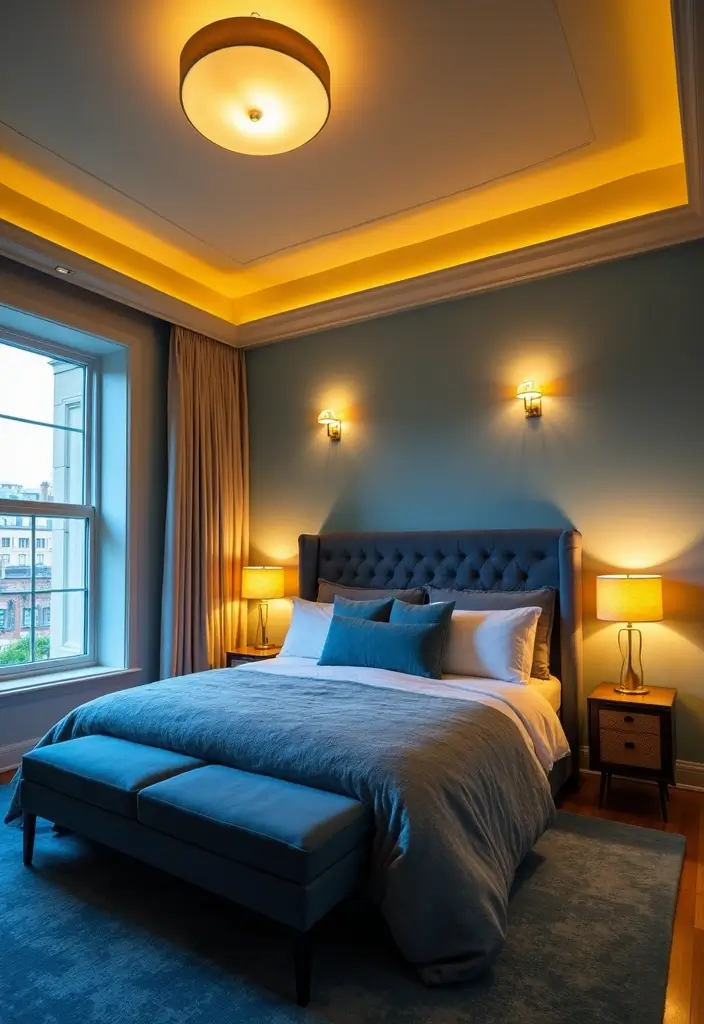 25 Blue and Yellow Bedroom Ideas That Brighten Any Space - 8. Layered Lighting