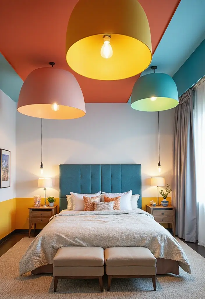 25 Ceiling Ideas for Bedroom That Add Drama & Height - 18. Colorful Ceiling Fixtures
