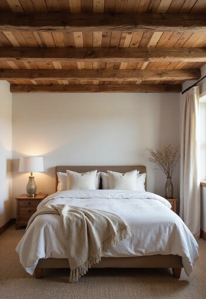 25 Ceiling Ideas for Bedroom That Add Drama & Height - 2. Wood Beams for a Rustic Touch