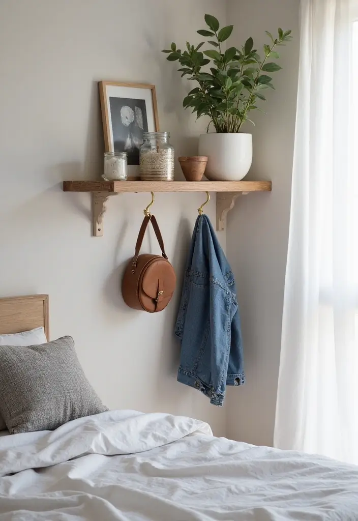 25 Floating Shelves Bedroom Ideas That Add Airy Storage - 10. Floating Shelf with Hooks