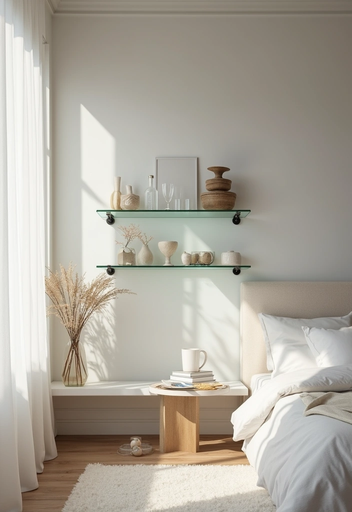 25 Floating Shelves Bedroom Ideas That Add Airy Storage - 11. Glass Floating Shelves