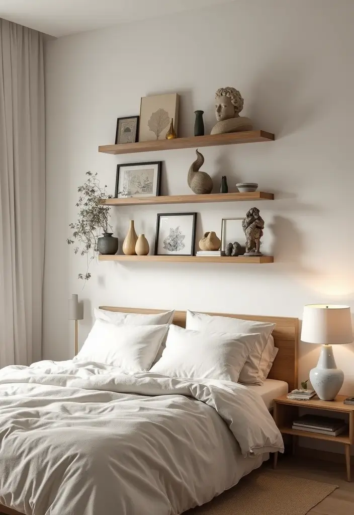 25 Floating Shelves Bedroom Ideas That Add Airy Storage - 12. Artistic Display Shelves