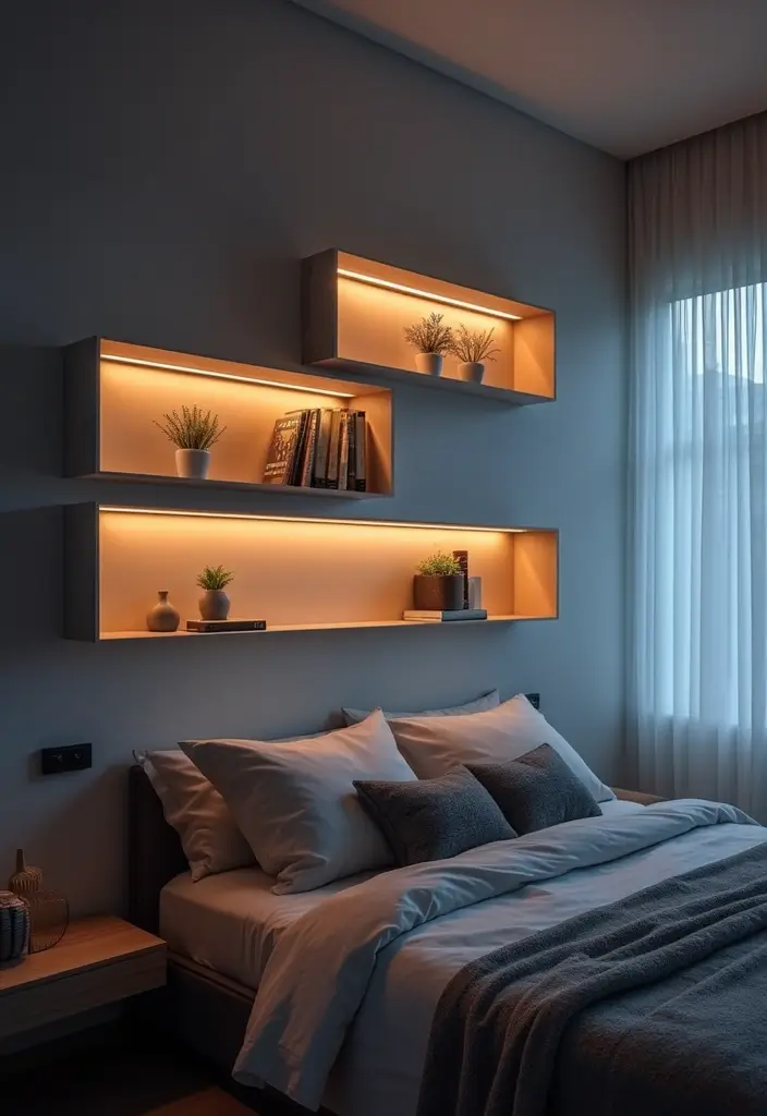 25 Floating Shelves Bedroom Ideas That Add Airy Storage - 14. LED Backlit Floating Shelves