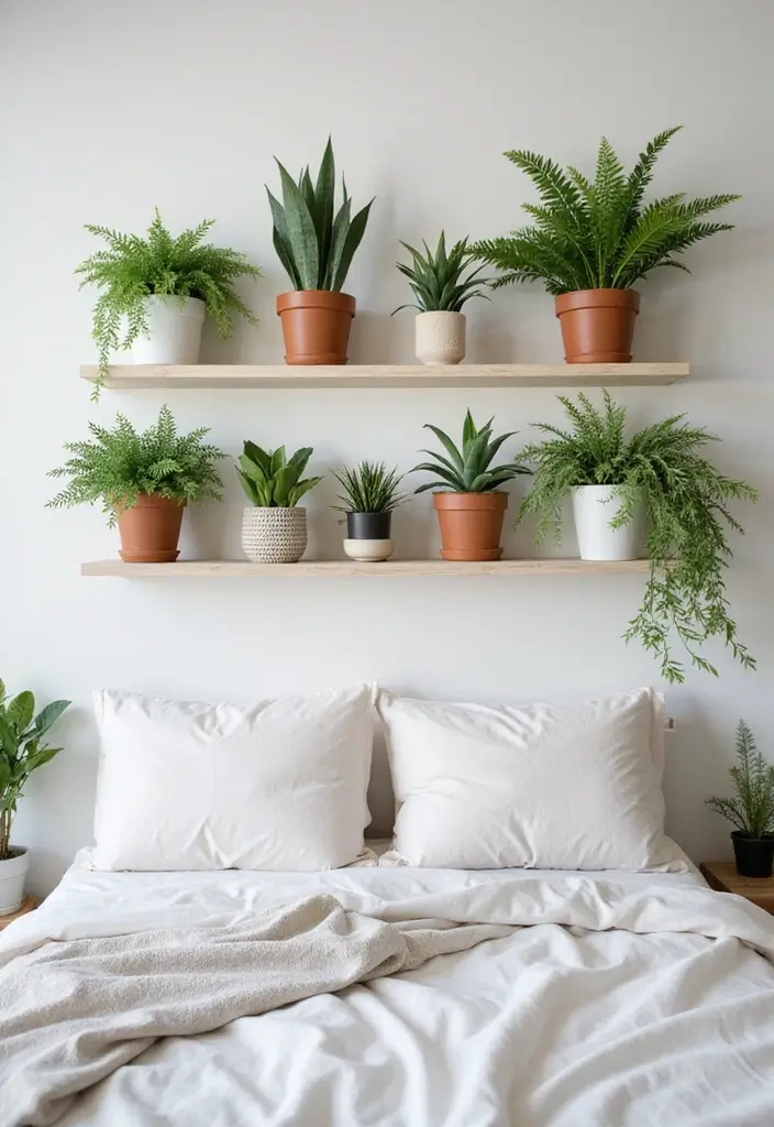 25 Floating Shelves Bedroom Ideas That Add Airy Storage - 15. Decorative Shelf Plants