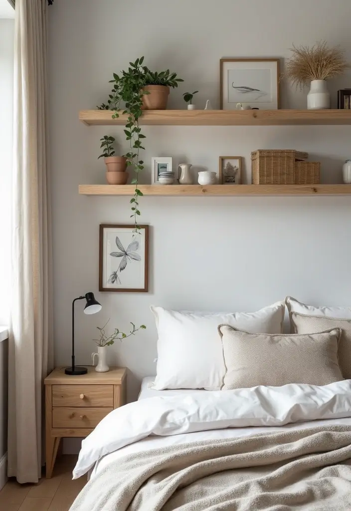 25 Floating Shelves Bedroom Ideas That Add Airy Storage - 16. Multi-Functional Display