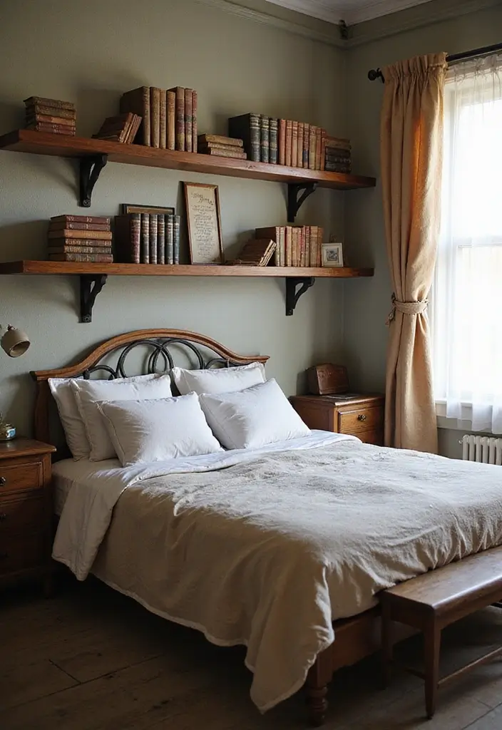25 Floating Shelves Bedroom Ideas That Add Airy Storage - 19. Vintage Floating Shelves