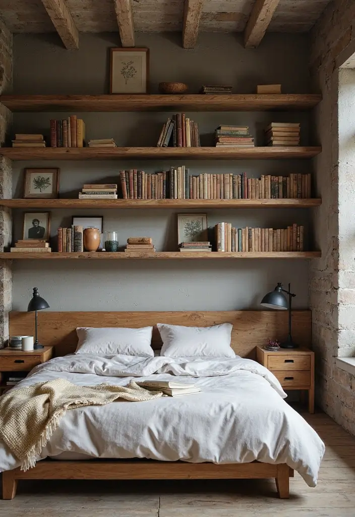 25 Floating Shelves Bedroom Ideas That Add Airy Storage - 2. Rustic Wooden Elegance