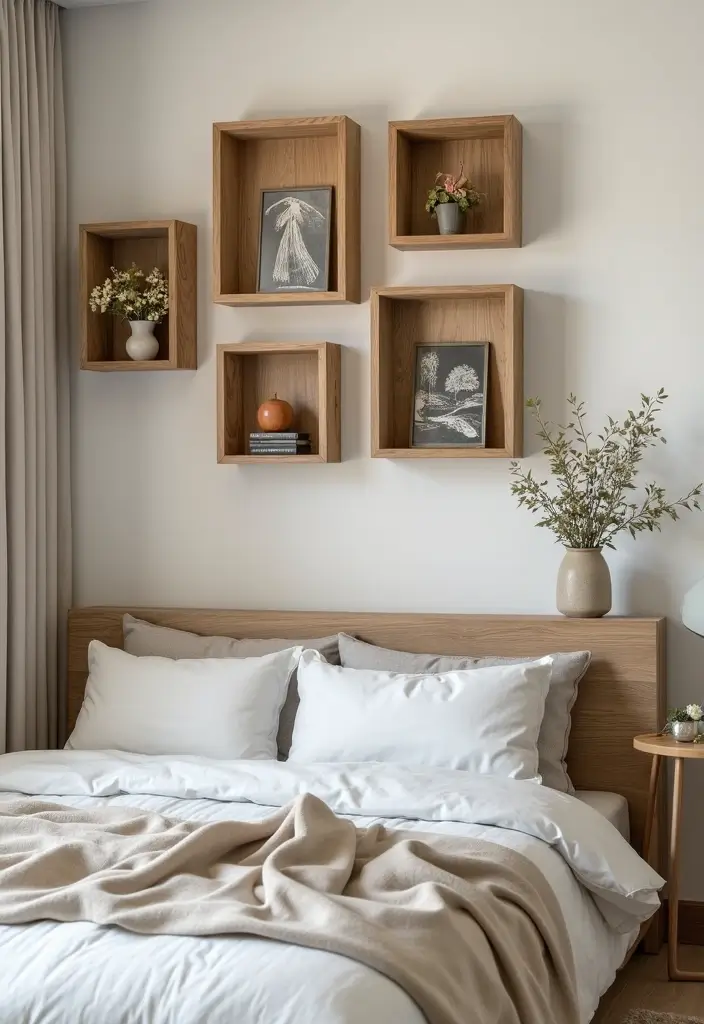 25 Floating Shelves Bedroom Ideas That Add Airy Storage - 20. Shadow Box Floating Shelves