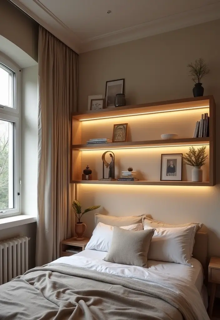 25 Floating Shelves Bedroom Ideas That Add Airy Storage - 22. Integrated Lighting Shelves
