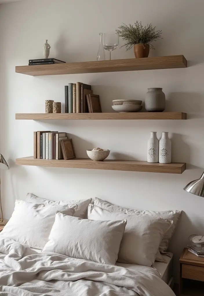 25 Floating Shelves Bedroom Ideas That Add Airy Storage - 23. Layered Floating Shelves