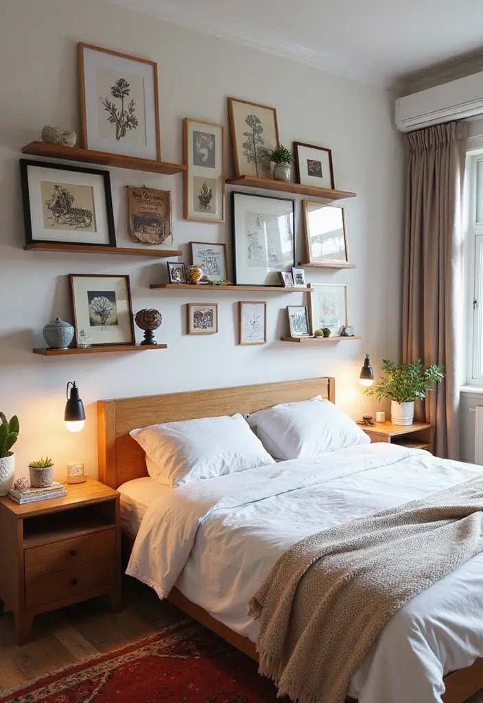 25 Floating Shelves Bedroom Ideas That Add Airy Storage - 25. Floating Shelf Gallery Wall