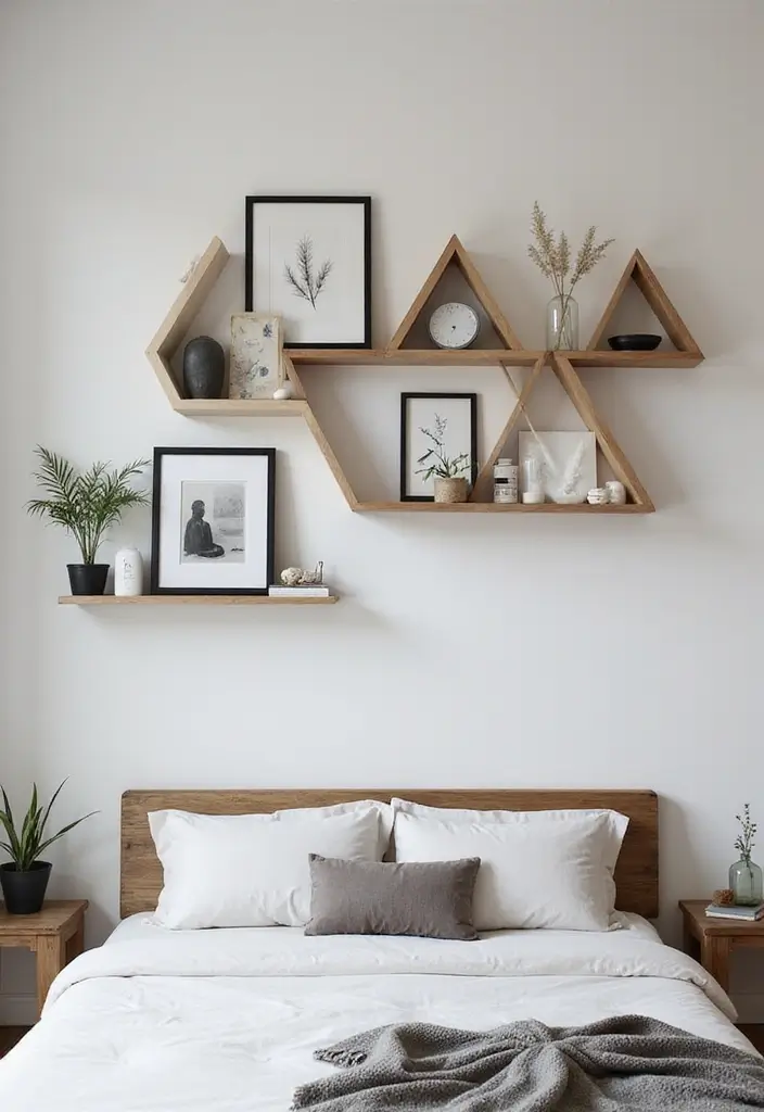 25 Floating Shelves Bedroom Ideas That Add Airy Storage - 3. Geometric Shelf Designs