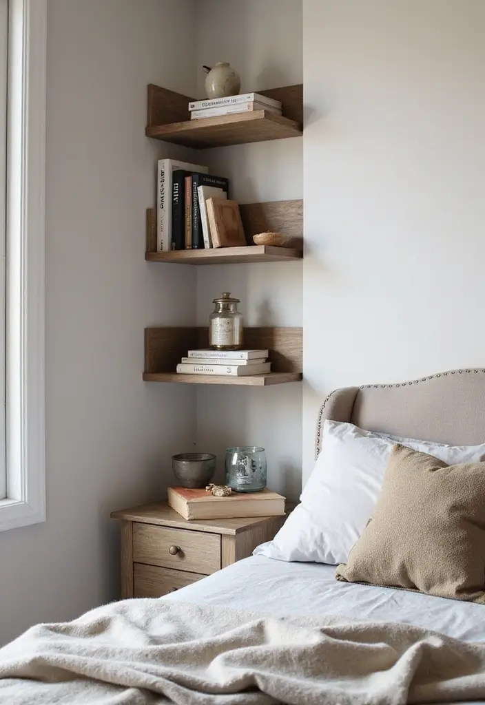 25 Floating Shelves Bedroom Ideas That Add Airy Storage - 4. Floating Corner Shelves