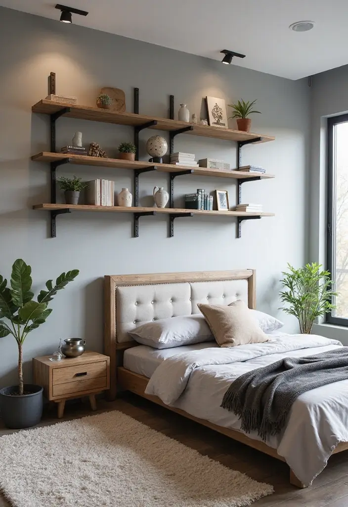 25 Floating Shelves Bedroom Ideas That Add Airy Storage - 5. Industrial Chic Shelves