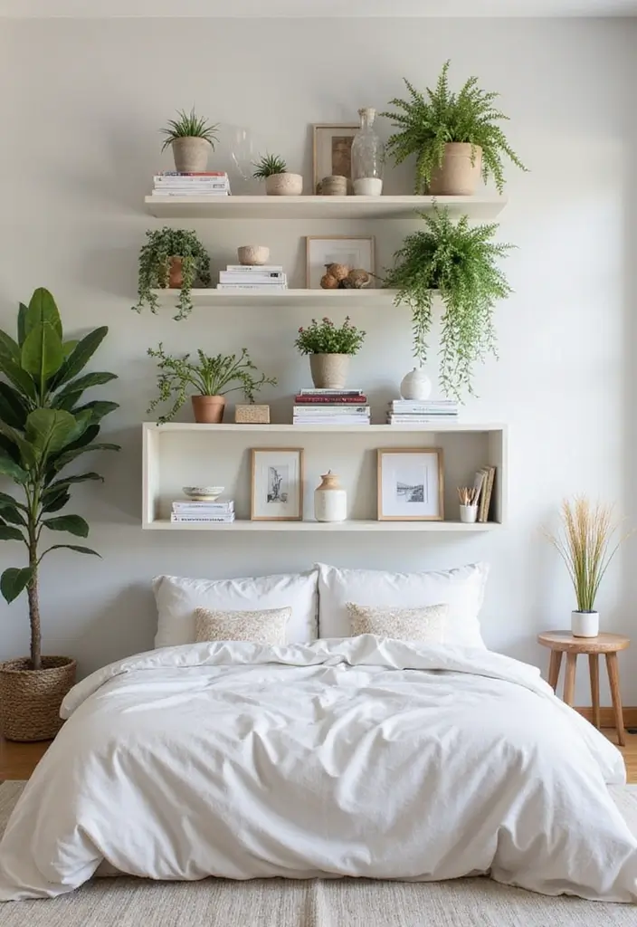 25 Floating Shelves Bedroom Ideas That Add Airy Storage - 8. Multi-Tier Floating Shelves
