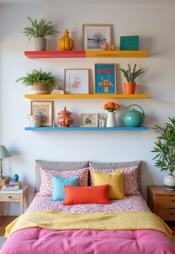 25 Floating Shelves Bedroom Ideas That Add Airy Storage - 9. Colorful Floating Shelves