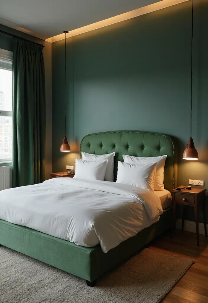 25 Green Headboard Bedroom Ideas That Make a Chic Statement - 20. Statement Lighting