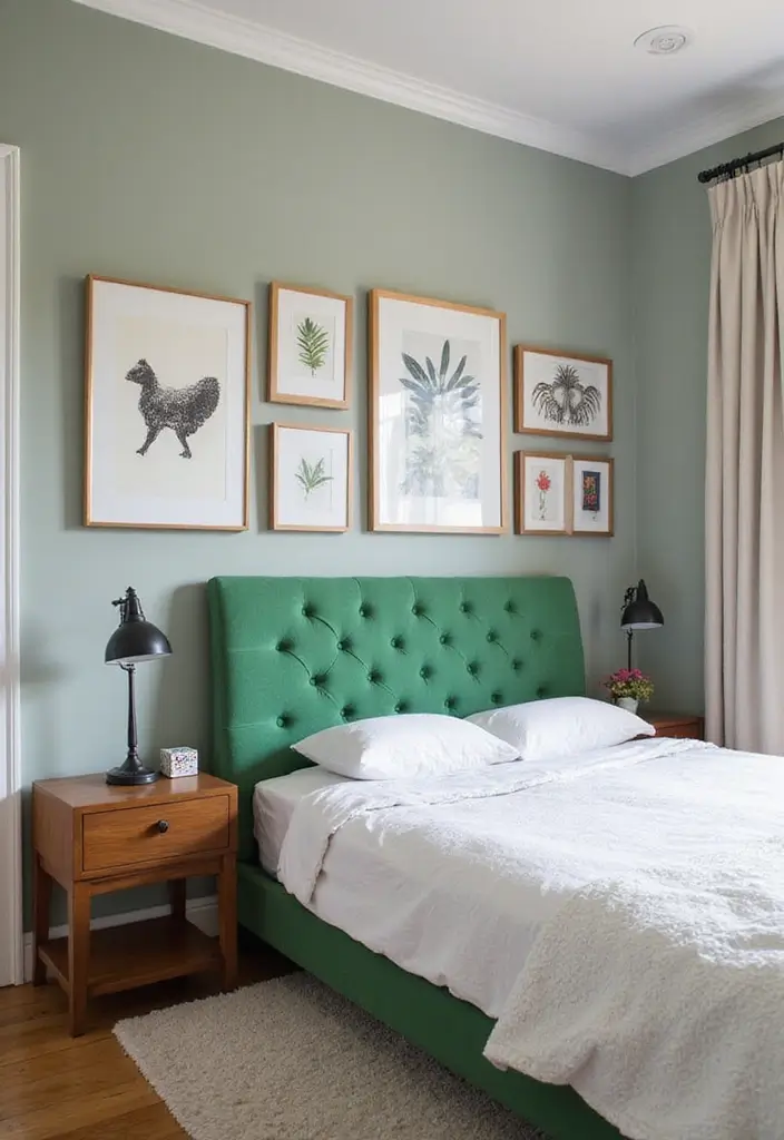 25 Green Headboard Bedroom Ideas That Make a Chic Statement - 22. Personalized Art