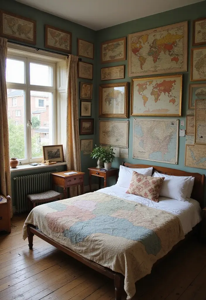 25 Romantic Vintage Bedroom Ideas That Feel Timeless & Intimate - 16. Vintage Travel Souvenirs